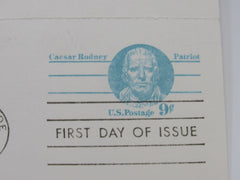 USPS Scott UY27 9c Caesar Rodney Patriot Postal Reply Card First Day of Issue -- New