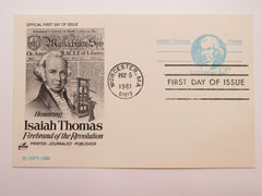 USPS Scott UX89 12c Isaiah Thomas Patriot Postal Card First Day of Issue -- New