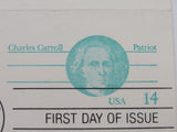 USPS Scott UY36 14c Charles Carroll Patriot Postal Reply Card First Day of Issue -- New