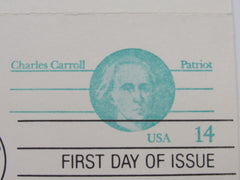 USPS Scott UY36 14c Charles Carroll Patriot Postal Reply Card First Day of Issue -- New